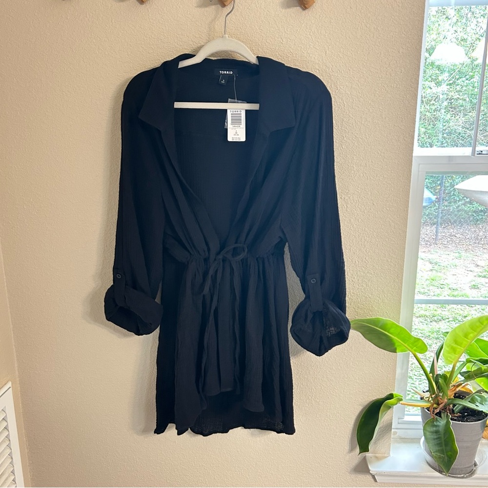 Torrid Women's Open Front Textured Gauze Tie Waist 3 Cape Wrap Jacket Beach  B5